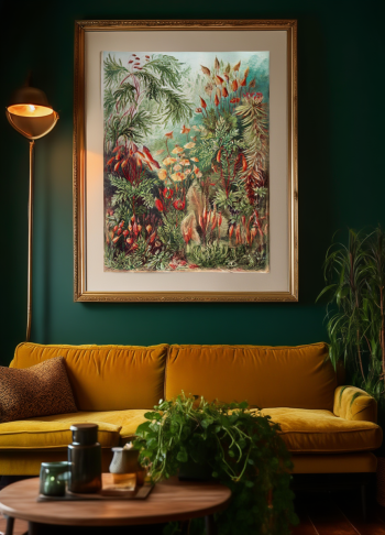 Mise en situation élégante du puzzle en bois représentant la planche scientifique de mousses et botanique, encadré sur un mur vert profond dans un salon chaleureux.