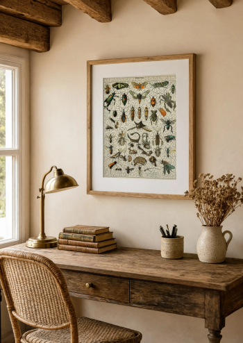 Notre puzzle en bois représentant la première planche entomologique des insectes encadré et accroché dans un bureau lumineux au style campagne chic.