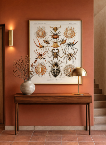 Mise en situation élégante d'un puzzle en bois représentant la planche scientifique d'arachnides encadré dans un salon à la décoration raffinée.