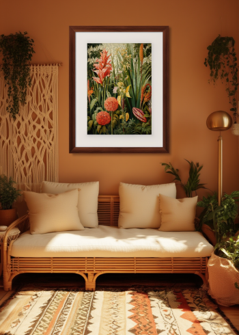 Puzzle en bois représentant l'illustration de la jungle exotique, encadré et exposé dans un salon bohème chaleureux aux tons terracotta.