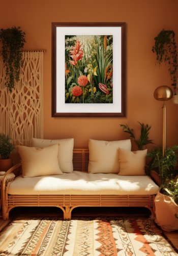 Puzzle en bois représentant l'illustration de la jungle exotique, encadré et exposé dans un salon bohème chaleureux aux tons terracotta.