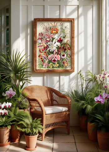 Puzzle en bois d'un bouquet d'orchidées suspendu dans une véranda lumineuse entourée de plantes vertes et d'un fauteuil en osier.