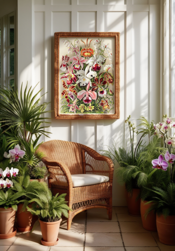Puzzle en bois d'un bouquet d'orchidées suspendu dans une véranda lumineuse entourée de plantes vertes et d'un fauteuil en osier.
