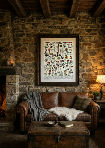 Notre puzzle en bois reprenant la planche mycologique encadré et accroché au-dessus d'un canapé en cuir dans un salon rustique avec mur en pierre.