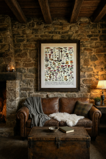Notre puzzle en bois reprenant la planche mycologique encadré et accroché au-dessus d'un canapé en cuir dans un salon rustique avec mur en pierre.