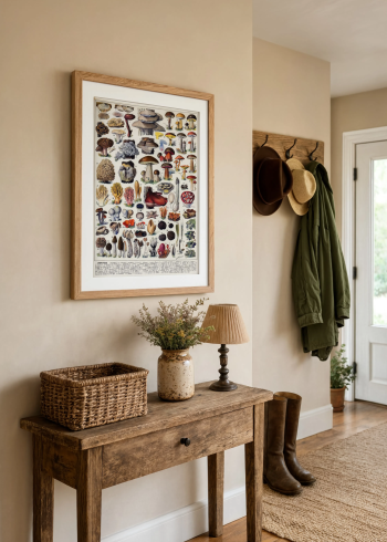 Mise en valeur de notre puzzle en bois représentant la planche mycologique, encadré et accroché dans une entrée lumineuse au style campagne chic.