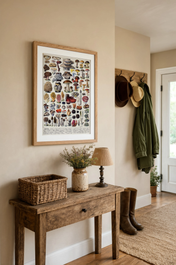 Mise en valeur de notre puzzle en bois représentant la planche mycologique, encadré et accroché dans une entrée lumineuse au style campagne chic.