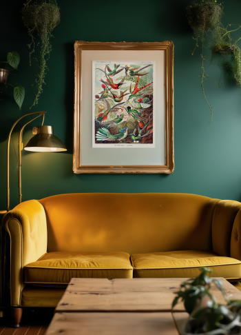 Mise en situation élégante d'un puzzle en bois représentant la planche scientifique de colibris et trochilidés encadré dans un salon à la décoration raffinée.