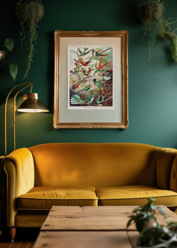 Mise en situation élégante d'un puzzle en bois représentant la planche scientifique de colibris et trochilidés encadré dans un salon à la décoration raffinée.