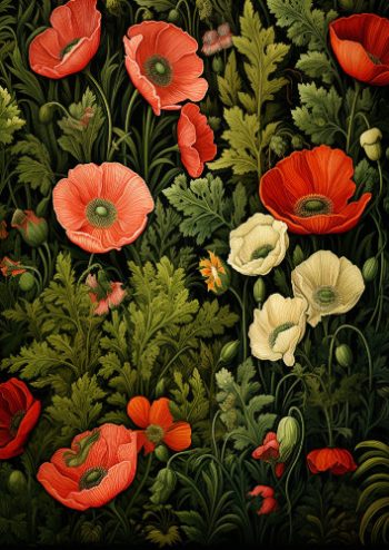 Illustration détaillée d'un sous-bois sombre et lumineux de coquelicots rouges et blancs dans un style clair-obscur.