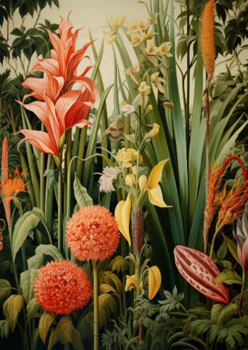 Composition florale exotique luxuriante inspirée de la jungle avec des fleurs tropicales vibrantes pour un puzzle d'art en bois.