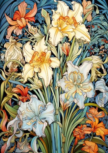 Illustration détaillée d'une composition florale de lys et d'hémérocalles aux teintes lumineuses et contrastées pour un puzzle d'art en bois.
