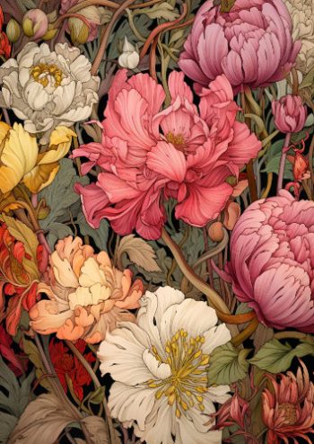 Illustration détaillée d'une composition florale de pivoines roses et blanches aux teintes riches pour un puzzle d'art en bois.