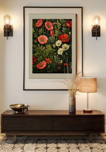 Puzzle en bois de la composition de coquelicots en clair-obscur encadré et exposé au mur dans une entrée élégante et chaleureuse.