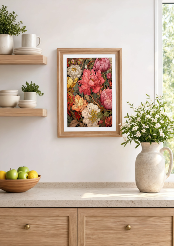 Puzzle en bois de la composition de pivoines encadré et accroché au mur dans une cuisine lumineuse à la décoration naturelle et chaleureuse.