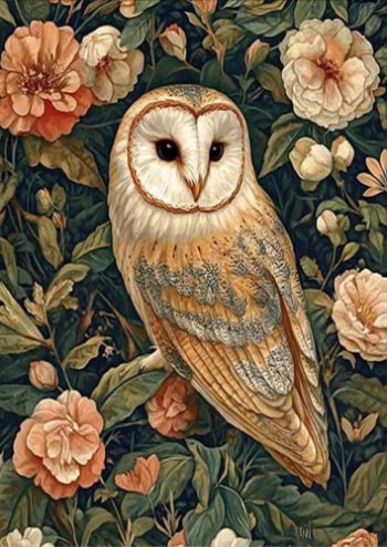 Illustration poétique et détaillée d'une chouette effraie nichée au milieu de fleurs romantiques, conçue pour un puzzle en bois de haute qualité.