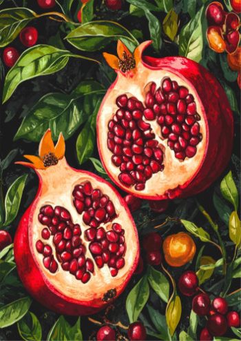 Illustration détaillée de grenades ouvertes révélant leurs graines rouges rubis parmi des feuilles sombres pour un puzzle d'art en bois.