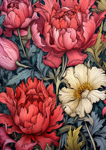 Composition florale détaillée de pivoines de printemps aux teintes vibrantes pour un puzzle d'art en bois.
