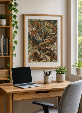 Mise en situation d'un puzzle en bois représentant la planche scientifique de lézards encadré au mur dans un bureau contemporain et lumineux.