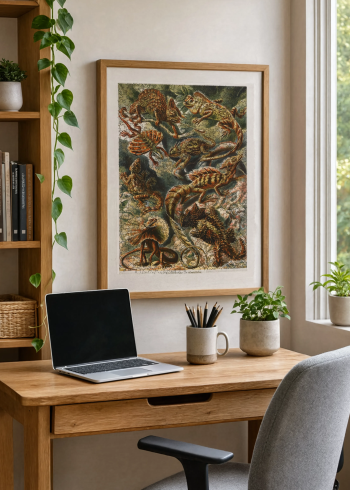 Mise en situation d'un puzzle en bois représentant la planche scientifique de lézards encadré au mur dans un bureau contemporain et lumineux.