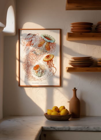 Mise en situation d'un puzzle en bois représentant une planche scientifique de méduses encadré au mur dans une cuisine méditerranéenne lumineuse.