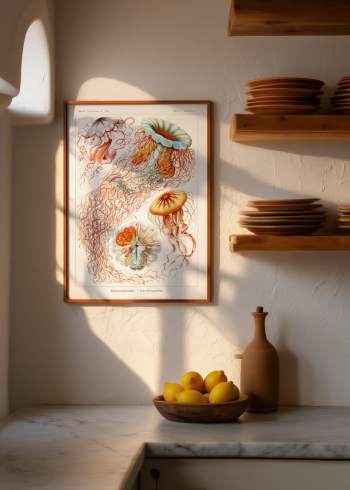 Mise en situation d'un puzzle en bois représentant une planche scientifique de méduses encadré au mur dans une cuisine méditerranéenne lumineuse.