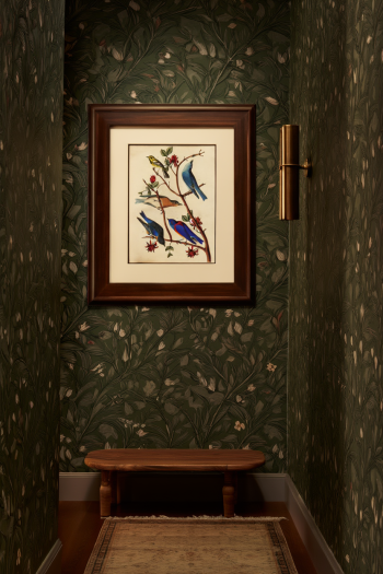 Mise en situation d'un puzzle en bois des merles bleus et passereaux d'Audubon encadré et suspendu dans un couloir élégant aux murs tapissés de vert.