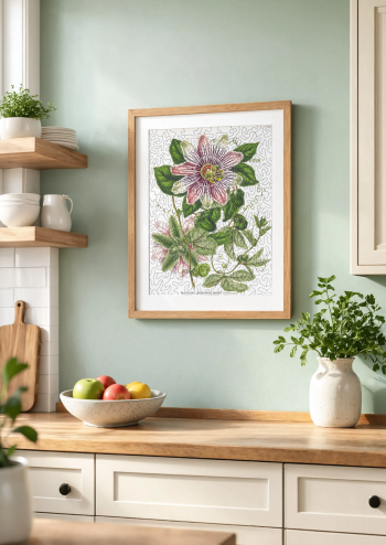 Puzzle en bois de la passiflore Impératrice Eugénie encadré et exposé dans une cuisine lumineuse aux tons verts et bois.