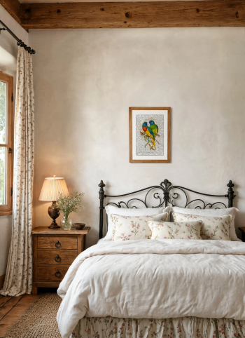 Mise en situation d'un puzzle en bois représentant l'illustration vintage de perruches splendides encadré au mur au-dessus d'un lit dans une chambre à l'ambiance chaleureuse.