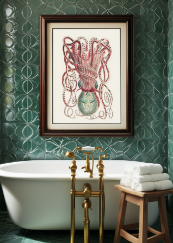 Mise en situation élégante du puzzle en bois représentant une pieuvre marine, encadré et suspendu au-dessus d'une baignoire dans une salle de bain raffinée aux carreaux vert émeraude.