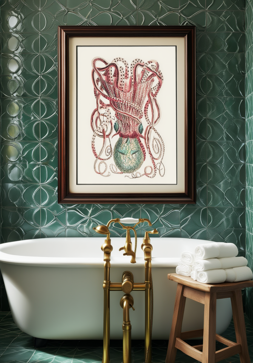 Mise en situation élégante du puzzle en bois représentant une pieuvre marine, encadré et suspendu au-dessus d'une baignoire dans une salle de bain raffinée aux carreaux vert émeraude.
