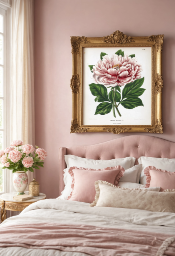 Puzzle en bois de la pivoine Moutan encadré et exposé dans une chambre romantique aux teintes rose poudré et décor doré.