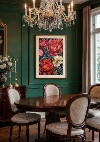 Puzzle en bois représentant l'illustration de pivoines encadré et exposé dans une salle à manger bourgeoise élégante aux murs verts profonds.