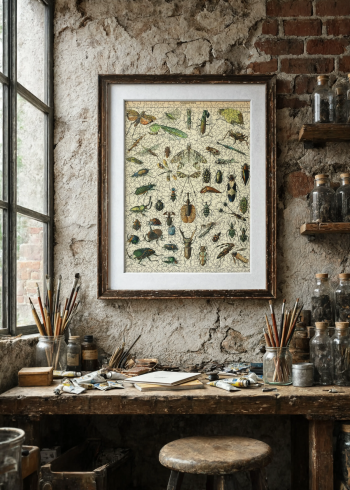 Notre puzzle en bois représentant la planche entomologique des insectes encadré et accroché dans un atelier d'artiste rustique avec établi en bois et pots de pinceaux.