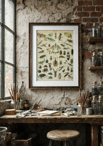 Notre puzzle en bois représentant la planche entomologique des insectes encadré et accroché dans un atelier d'artiste rustique avec établi en bois et pots de pinceaux.