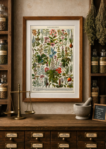 Puzzle en bois représentant une planche de plantes médicinales encadré et exposé dans une décoration d'herboristerie ancienne avec des bocaux d'apothicaire.