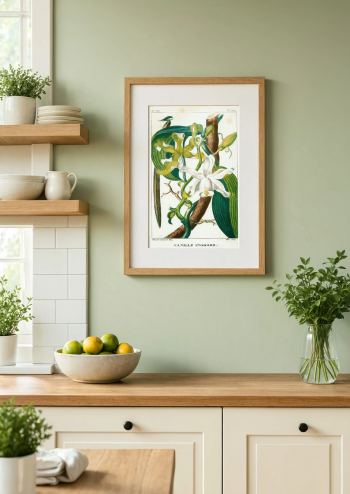 Puzzle en bois de la vanille inodore encadré et exposé dans une cuisine lumineuse aux murs vert sauge.