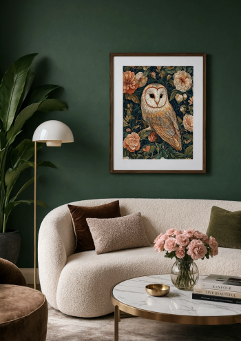 Mise en situation élégante du puzzle en bois de la chouette effraie encadré et accroché au-dessus d'un canapé dans un salon au style contemporain et chaleureux.