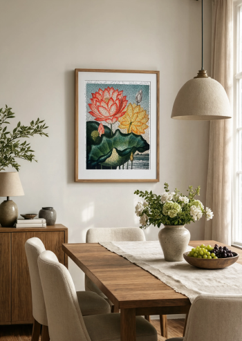 Puzzle en bois des fleurs de lotus sacré encadré et suspendu au mur d'une salle à manger lumineuse au-dessus d'une table en bois.