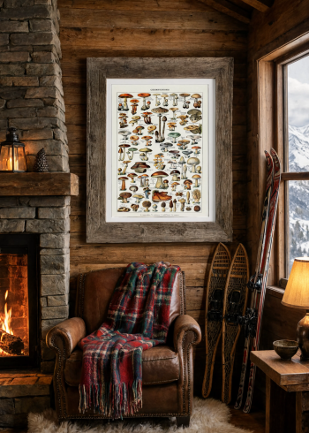 Tableau encadré d'une planche botanique de champignons anciens accroché sur le mur en bois d'un chalet de montagne chaleureux près d'une cheminée.