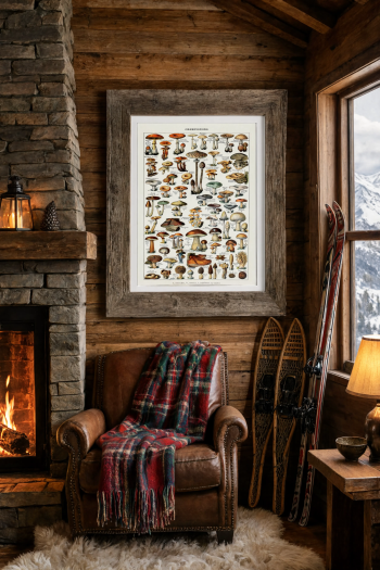 Tableau encadré d'une planche botanique de champignons anciens accroché sur le mur en bois d'un chalet de montagne chaleureux près d'une cheminée.