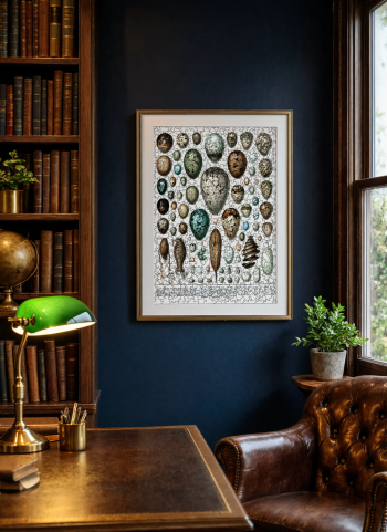 Mise en situation élégante d'un puzzle en bois naturaliste encadré sur un mur bleu nuit, dans un bureau rétro avec bibliothèque en bois, fauteuil en cuir et lampe de bureau vintage.