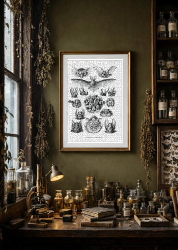 Mise en situation élégante d'un puzzle en bois naturaliste représentant des chauves-souris, encadré sur un mur vert olive dans un laboratoire naturaliste avec microscope, flacons d'apothicaire et vieux livres.