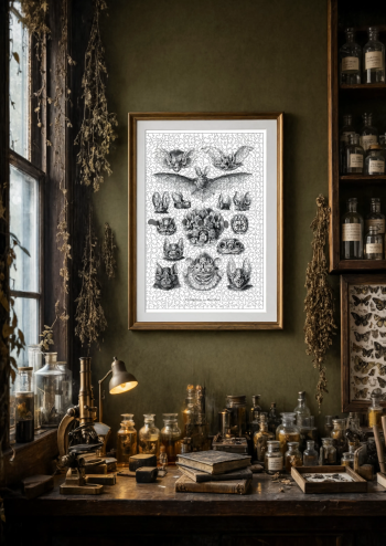 Mise en situation élégante d'un puzzle en bois naturaliste représentant des chauves-souris, encadré sur un mur vert olive dans un laboratoire naturaliste avec microscope, flacons d'apothicaire et vieux livres.