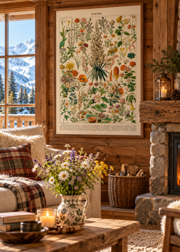 Tableau encadré du puzzle Fleurs accroché au-dessus d'un canapé dans un salon de chalet de montagne au coin du feu.