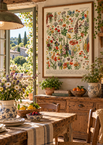 Tableau encadré du puzzle Fleurs des champs accroché dans une salle à manger provençale rustique et ensoleillée.