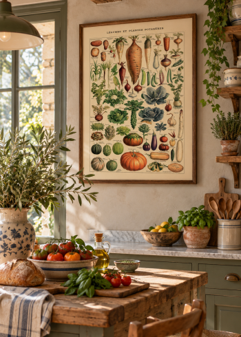 Tableau encadré du puzzle Légumes et plantes potagères accroché dans une cuisine de campagne rustique.