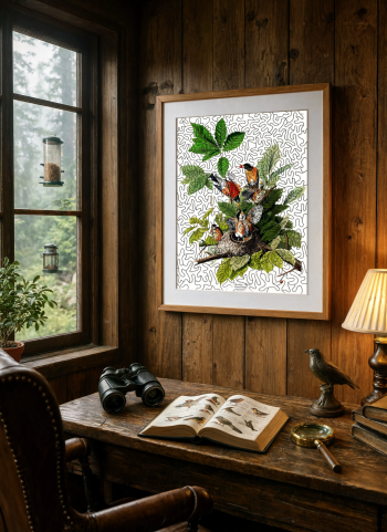 Mise en situation élégante d'un puzzle en bois naturaliste représentant un nid de Merles d'Amériques, encadré sur un mur en bois lambrissé dans une cabane d'ornithologue avec des jumelles et un livre ouvert.