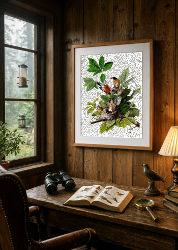 Mise en situation élégante d'un puzzle en bois naturaliste représentant un nid de Merles d'Amériques, encadré sur un mur en bois lambrissé dans une cabane d'ornithologue avec des jumelles et un livre ouvert.