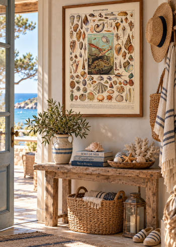 Tableau encadré du puzzle Mollusques suspendu au-dessus d'un banc en bois dans une entrée bord de mer.
